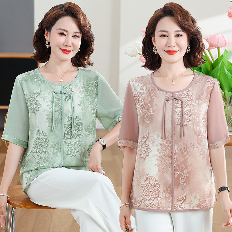 ママの夏半袖シャツ2025外国風新国民風50歳中高年女性の夏の新しい中国風Tシャツ|undefined
