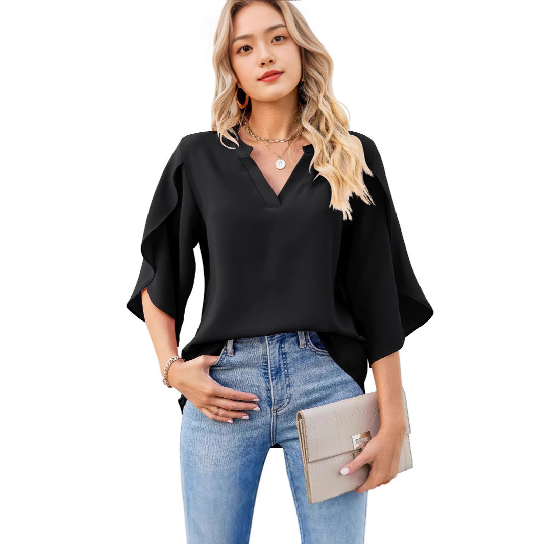 Camicia donna in chiffon con scollo a v e maniche a petalo_voghion.com