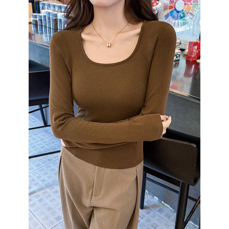 Brown Long-Sleeved T-Shirt for Women 2025 Early Autumn New Slim Fit U-Neck American Sexy Top with Bottoming Shirt