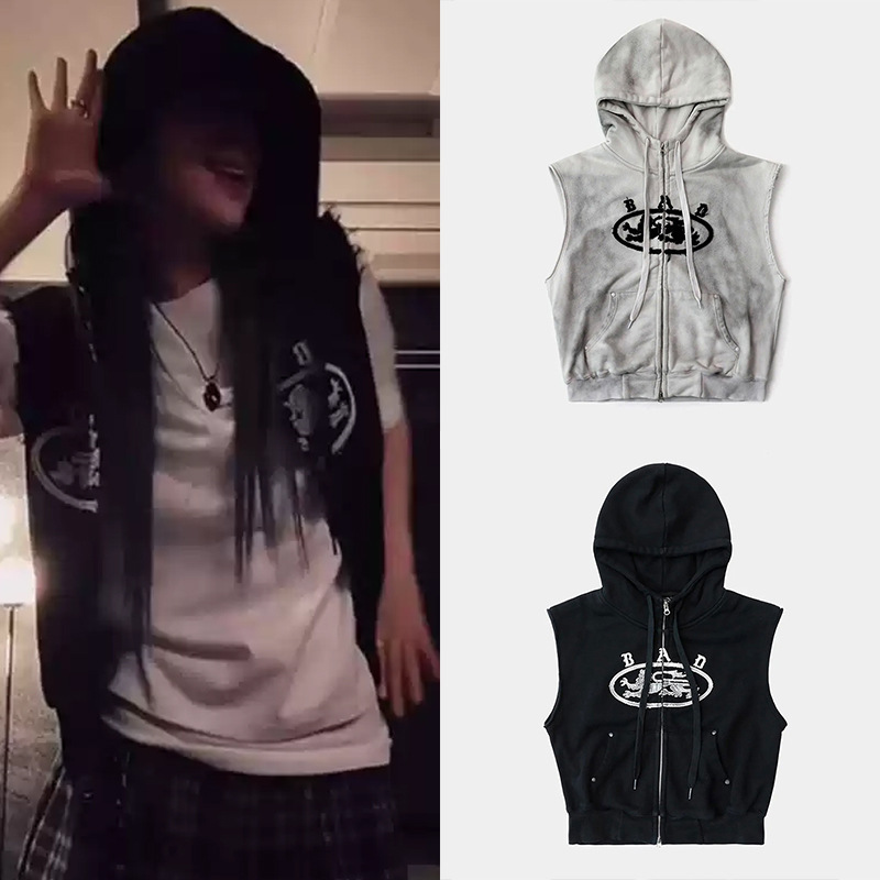 Korean Badblood Bcac Series Washed Distressed Hooded Vest Women's Niche Casual Sweatshirt Loose Top