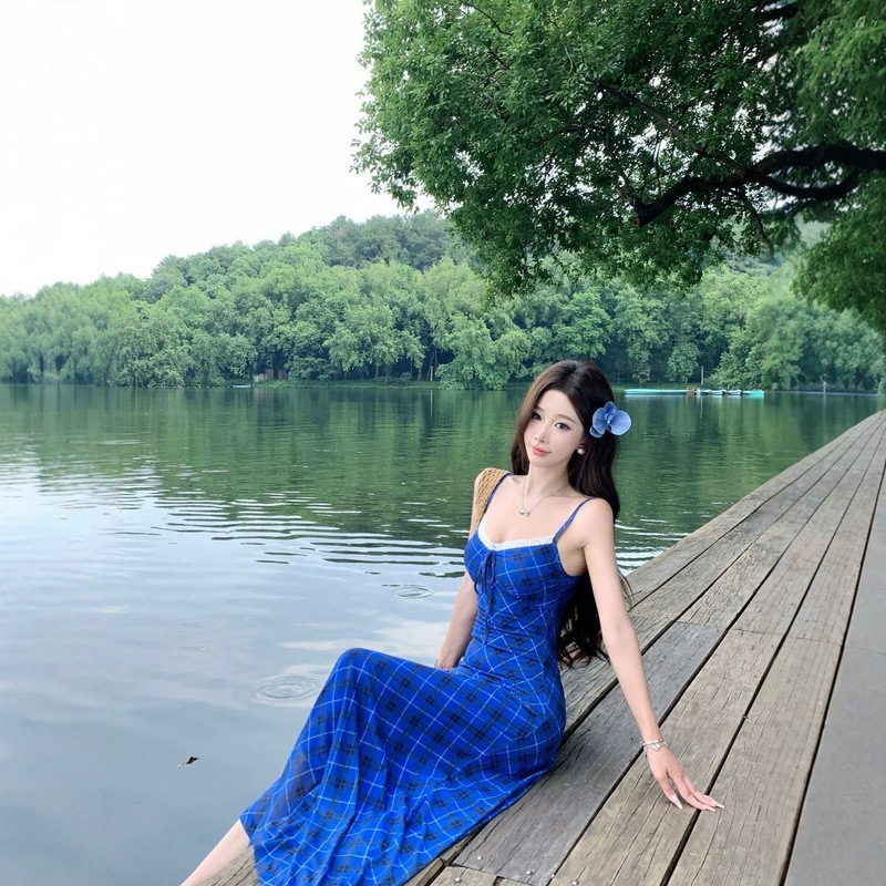 Beautiful Summer Mini Dress, Blue Plaid Suspender Dress, 2026 New Summer Style, This Year's Trendy Long Dress for Women