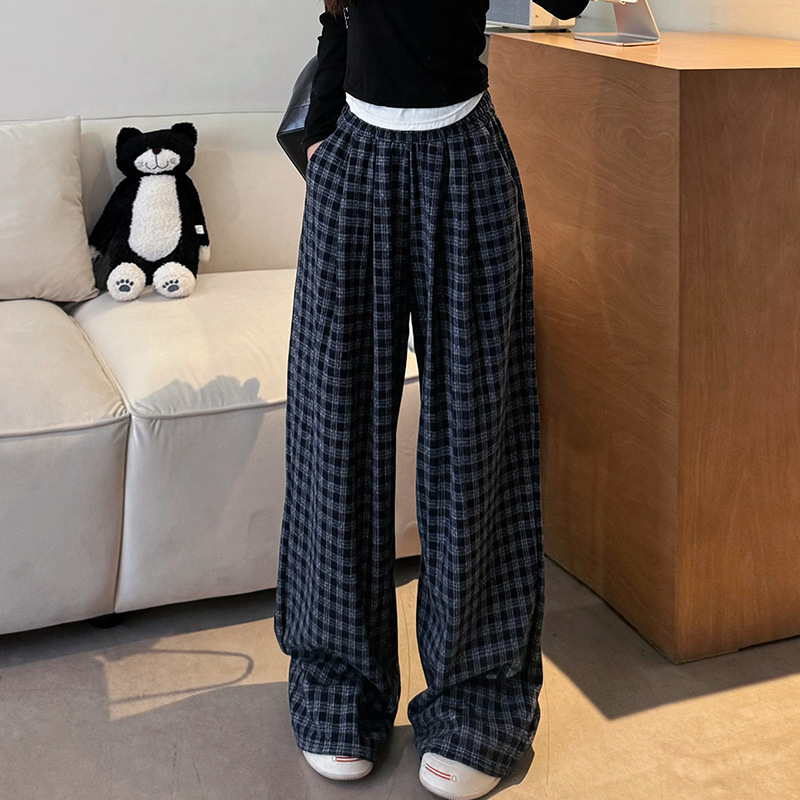 慵懒风格子运动阔腿裤女2025秋冬新款高腰宽松直筒拖地休闲遛弯裤