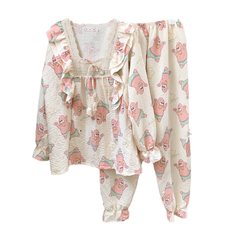 Francés dulce floral manga larga de algodón fresco pijamas chica otoño e invierno en línea estilo rojo 2023 nuevo desgaste casero