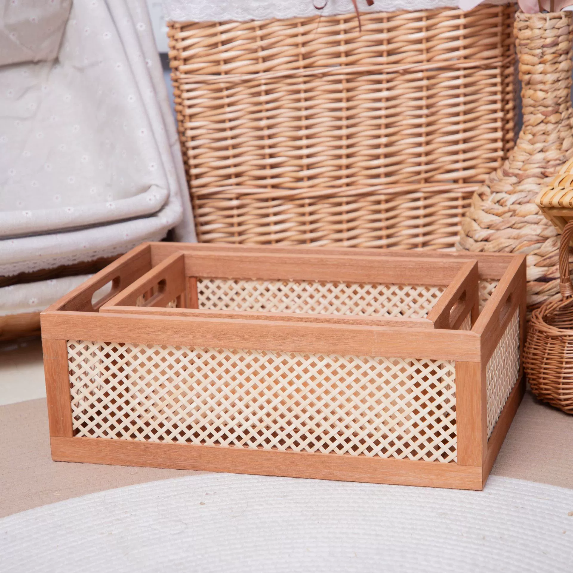 Retro table storage box from natural wood, storage basket, storage system