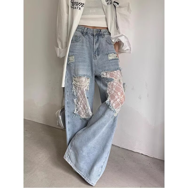 American Retro Rhinestone Lace High-Waisted Flared Jeans for Women, Casual Slim-Fit Elegant Wide-Leg Skinny Pants