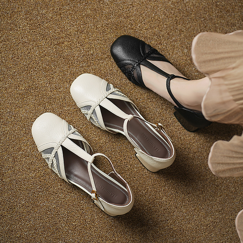 Giày sandal cao gót nữ hở mũi da cừu lưới gót vuông quai chữ T — đen