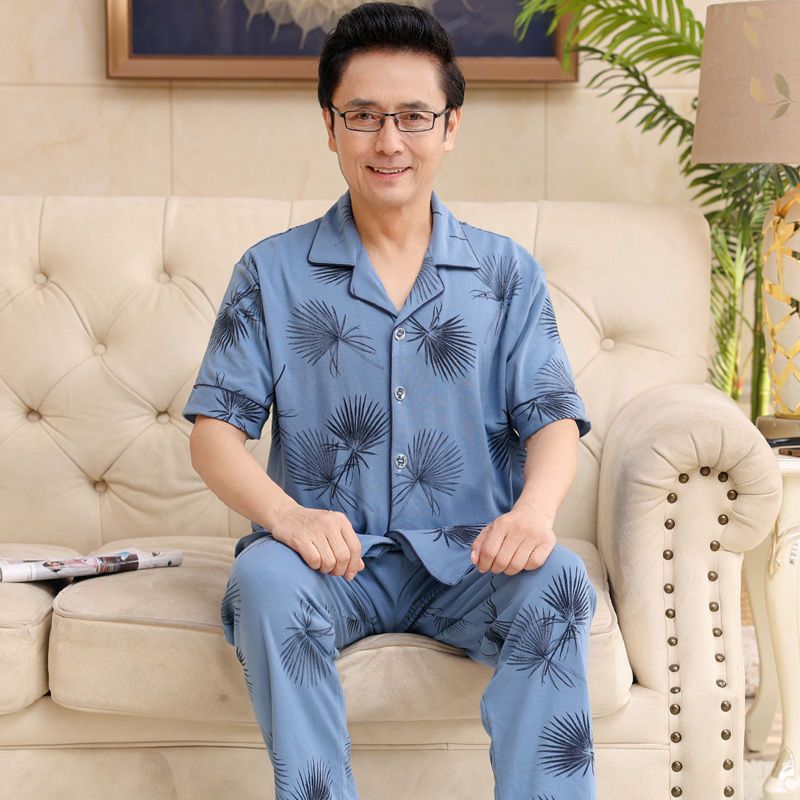Papá pijamas de verano de algodón para hombres de manga corta delgada de verano pantalones largos de media manga para hombres de mediana edad set de ropa para el hogar