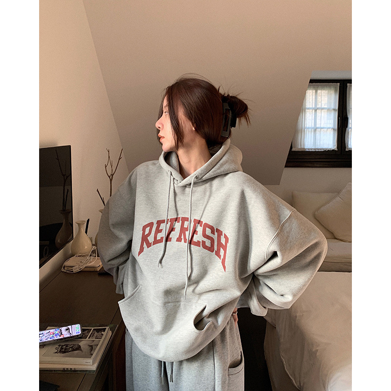 跨境连帽卫衣女款秋冬宽松字母女式卫衣加厚薄绒闺蜜装慵懒风上衣|undefined