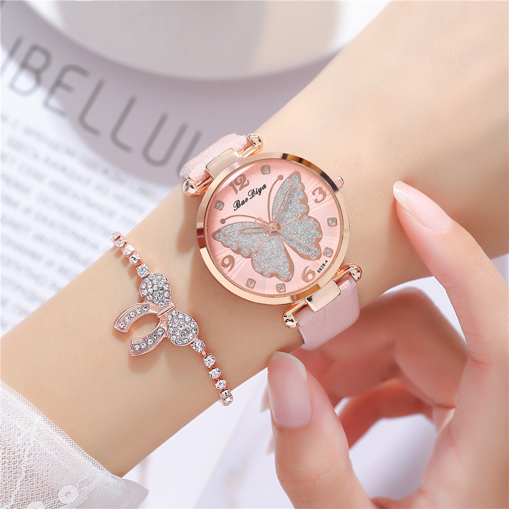 Fashion Simple Belt Women's Watch Fashion Temperament Glitter Face Butterfly Pattern Quartz Women's Belt Watch