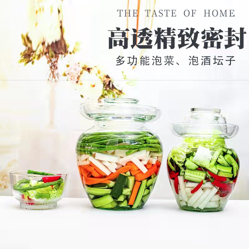 Wholesale glass pickle crock for home kitchen, used for pickling vegetables like radish and salted vegetables, thick glass jar, large size, transparent crock