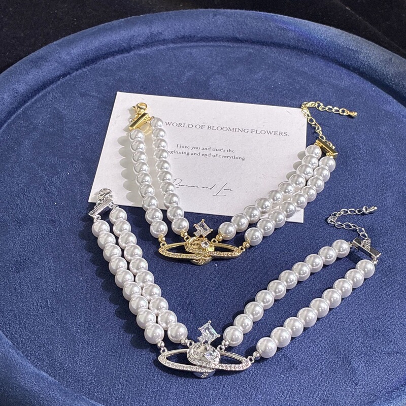 Exquisite Double-Layered Pearl Saturn Bracelet with Diamond-Encrusted Planet Design, Light Luxury Niche High-End Daily Commuter Fashion Versatile Jewelry