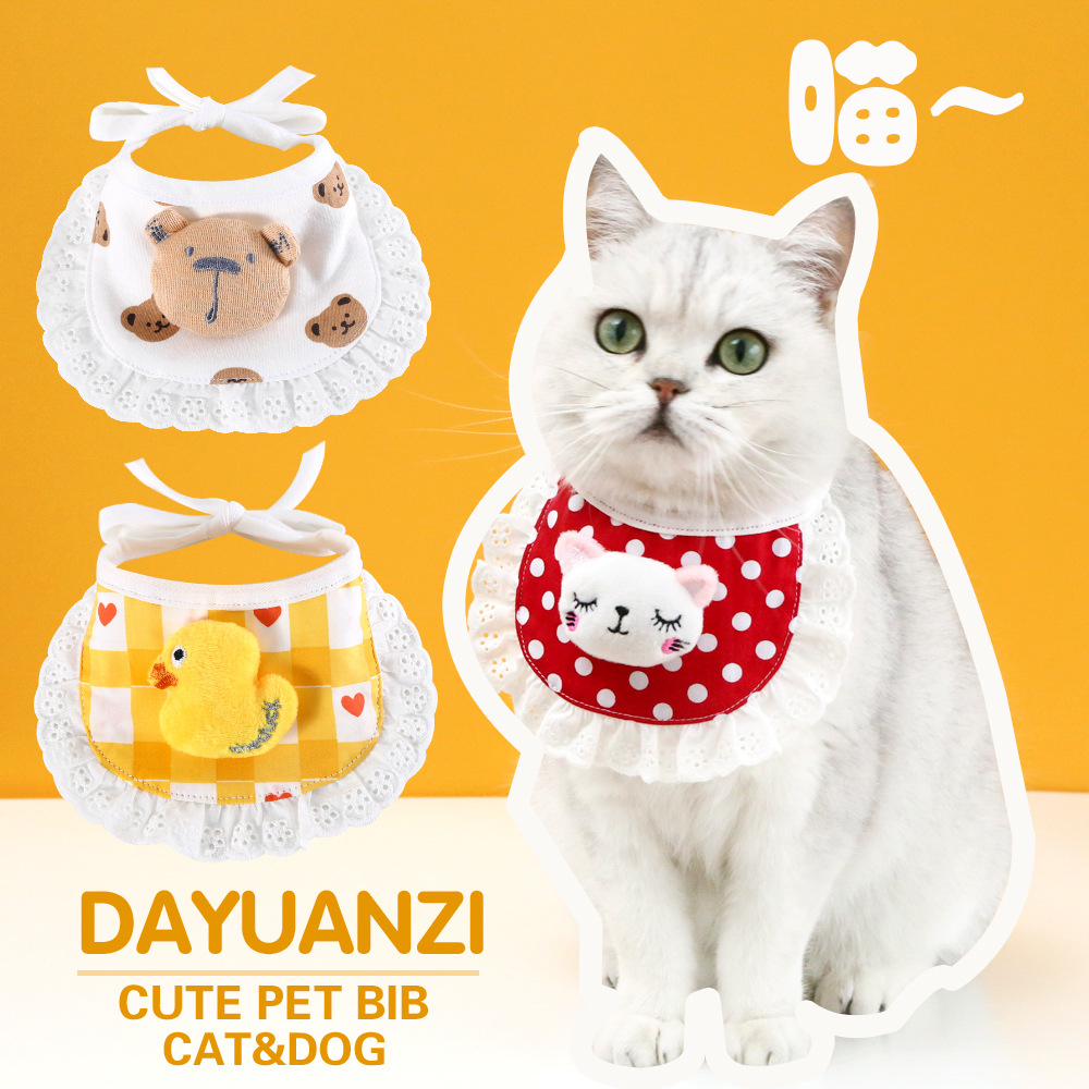 Mascota gato cachorro de dibujos animados Polka Dot Plaid encaje oso pequeño pato amarillo babero puro algodón lindo babero collar conejo