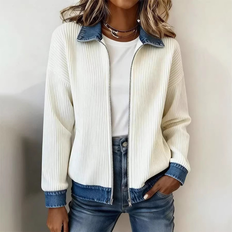 New Style Jacket European and American Style Knitted Patchwork Denim Shirt Women's Autumn and Winter Fashion Versatile Long-Sleeved Cardigan Jacket Cross-Border