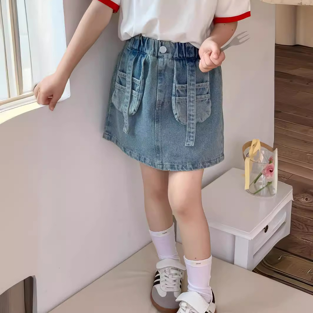 Kids' 3D Pouch Denim Short Skirt for Girls - Summer 2024, Unisex, Trendy Half Dress for Children