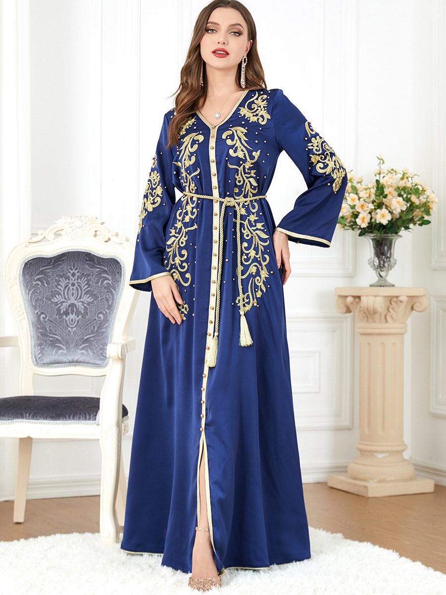3299muslim中东女装阿拉伯服饰新款V领跨境长袖欧美外贸连衣裙详情8