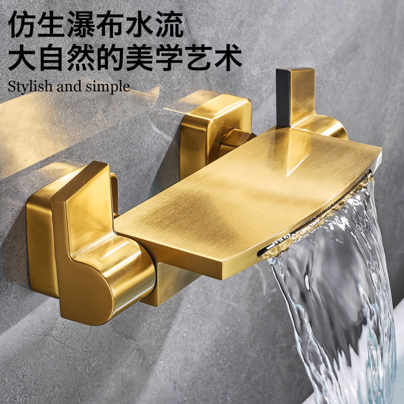 Brushed gold bathroom faucet, bathtub shower mixer valve, hot and cold exposed wall-mounted shower, copper in-wall waterfall, all-copper Brushed gold bathroom faucet, bathtub shower mixer valve, hot and cold exposed wall-mounted shower, copper in-wall waterfall, all-copper