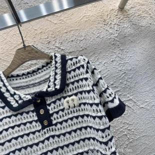 25 New Summer Styles for Celebrities, Small Fragrant Style, Striped Hollow Crochet Lapel Knitted Short Sleeves