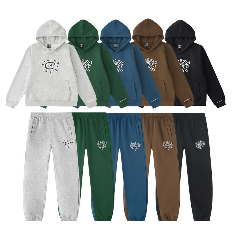 Adwysd Trendy Autumn and Winter New Style Unisex Couple Sun Print Basic Fleece Hooded Sweatshirt and Sweatpants Set