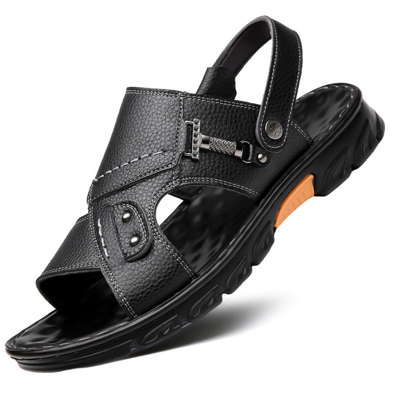 Dép sandal nam da bò thật quai ngang hở mũi, đế mềm chống trượt, đi biển và đi ngoài trời — GX màu nâu 23088, GX đen 23088