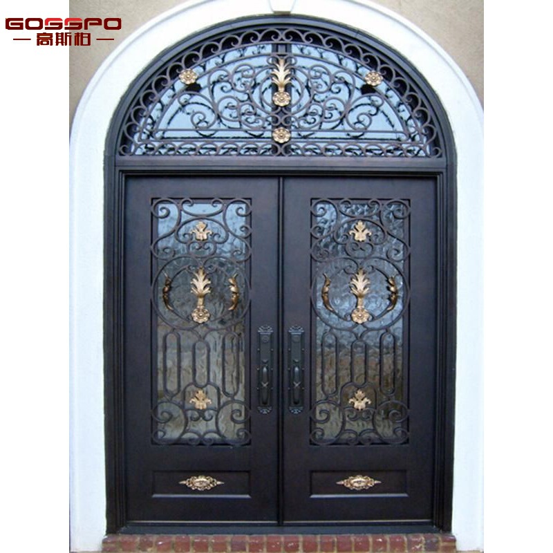 Factory Customized Craft Glass Wrought Iron Flower Solid Wood Door Log European Style House Courtyard Dome Entry Double Door