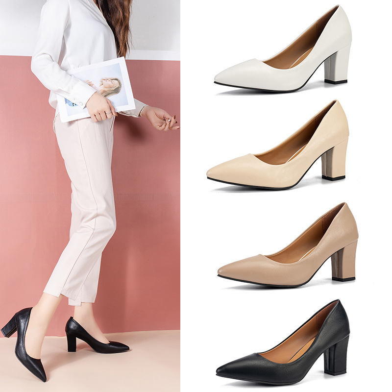 Fashion Flats for Women with Thick Heels 2021 Autum New Pointed Toe Work Shoes Shallow Mouth Slip-On Korean Style High Heels Simple Fashion Flats for Women with Thick Heels 2021 Autum New Pointed Toe Work Shoes Shallow Mouth Slip-On Korean Style High Heels Simple