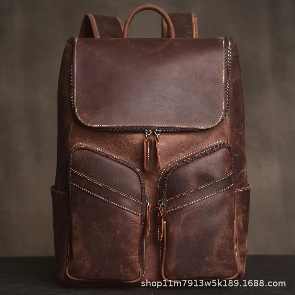 Venta al por mayor transfronteriza de mochilas de piel de caballo loca retro bolsos de cuero multipropósito al aire libre para hombres bolsos de computadora de 14 pulgadas para hombres