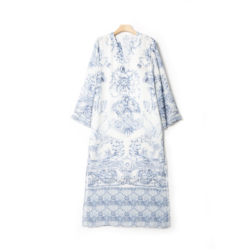Mulberry Silk New Chinese-style dress Women's Silk Blue and White Porcelain National Style High-grade Texture Chinese-style Long Dress