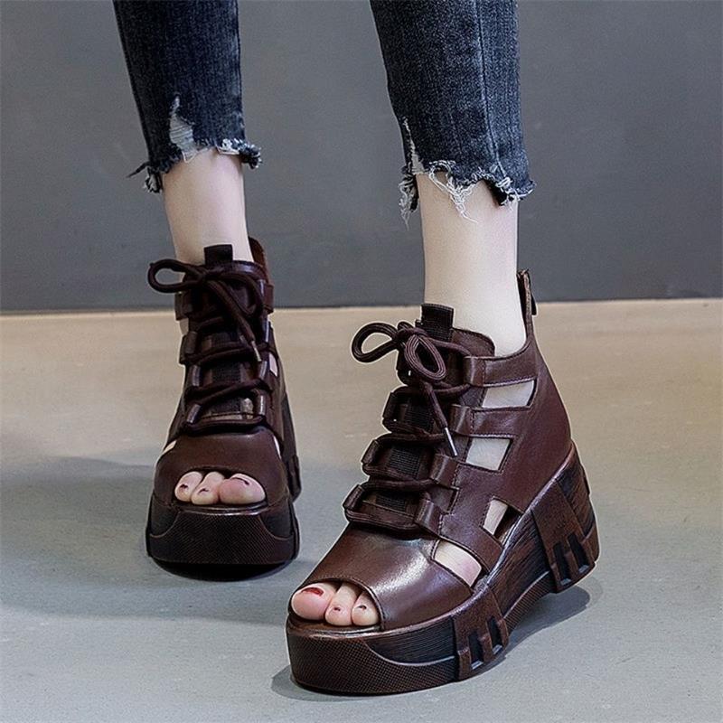 Sandalias de mujer de cuero suave de la plataforma de cuña hueca sandalias de la madre peep toe con cordones de cuero suave estilo étnico sandalias de las mujeres romanas