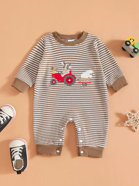 Baby Long-Sleeved Jumpsuit, Spring and Autumn Style, for Boys and Girls, Truck Farm Cow Embroidered Romper, Toddler Crawling Suit, Striped