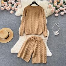 秋季新款女装套装港风复古麻花长袖上衣百搭直筒裤针织毛线两件套