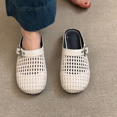 シープスキンバージョン〜女性用ビルケンシュトックシューズ、フレンチスリッポンベルトバックルハーフスリッパ、万能太ヒールラウンドトゥ編み込みつま先シューズ