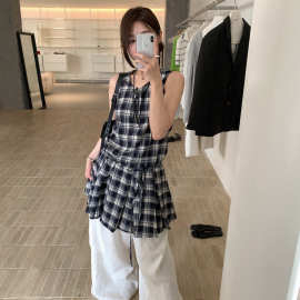 韩系复古叠穿撞色格子背心连衣裙女夏季新款小众韩系系带短裙子