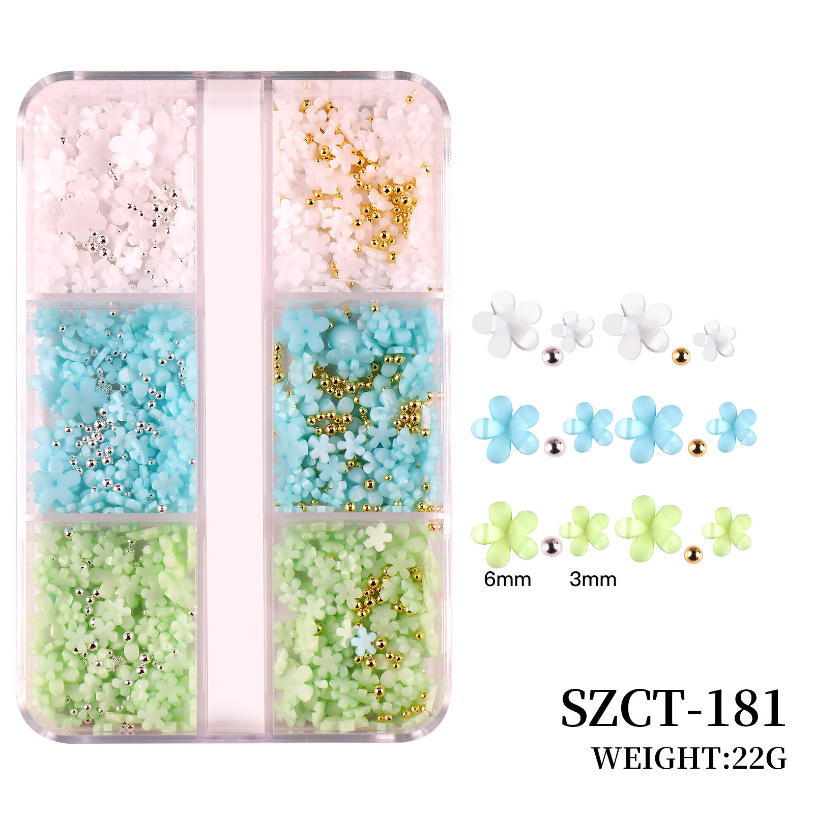 Joyas de uñas transfronterizas Juego de 6 cuadrículas de resina de uñas de color flor de cinco pétalos pequeña bola de acero decoración de uñas de vestir