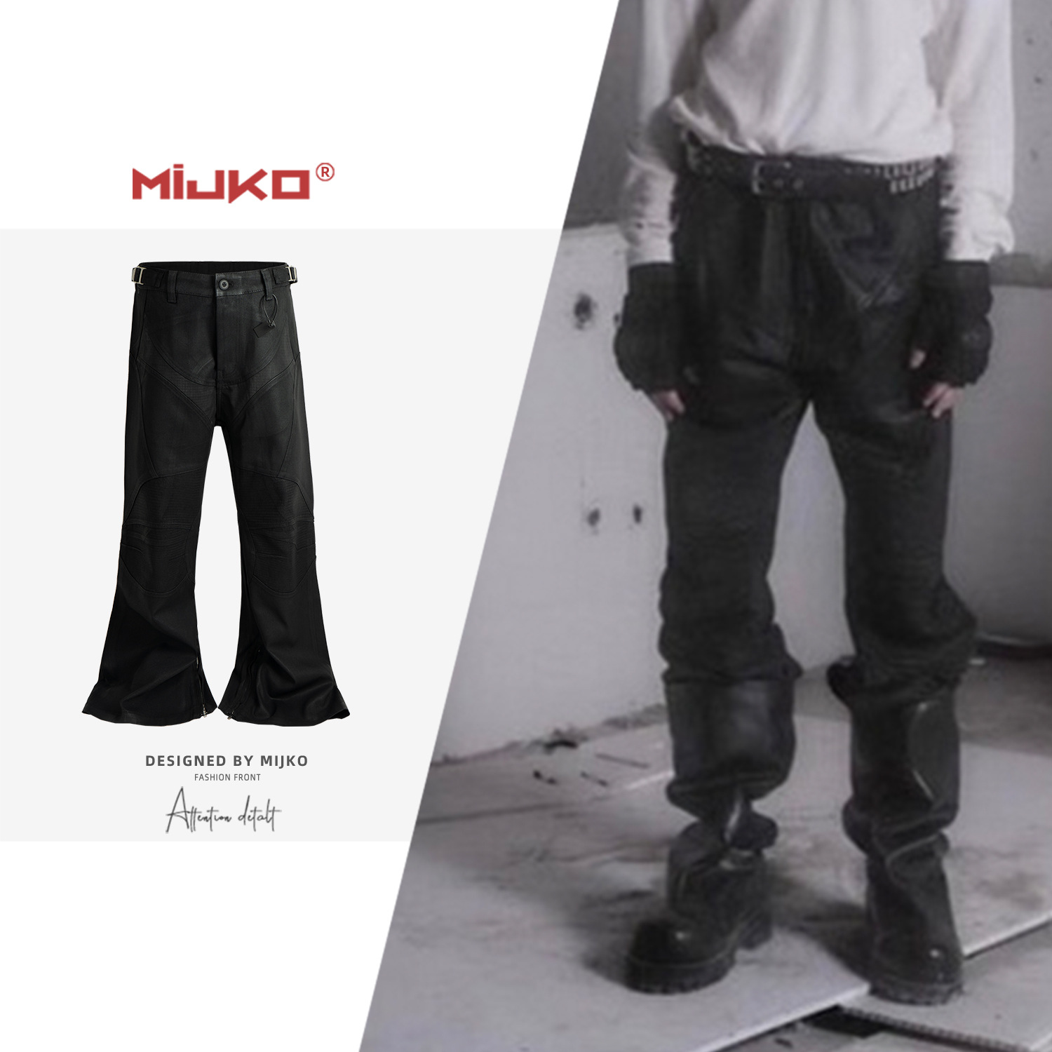 Mijko Men's and Women's Flared Waxed Knee-Cushioned Biker Jeans with Waistband Buckle Design Functional Black Denim Pants