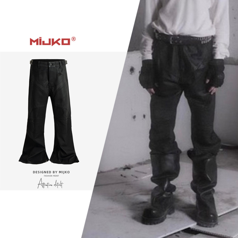 Mijko Men's and Women's Flared Waxed Knee-Cushioned Biker Jeans with Waistband Buckle Design Functional Black Denim Pants Mijko Men's and Women's Flared Waxed Knee-Cushioned Biker Jeans with Waistband Buckle Design Functional Black Denim Pants