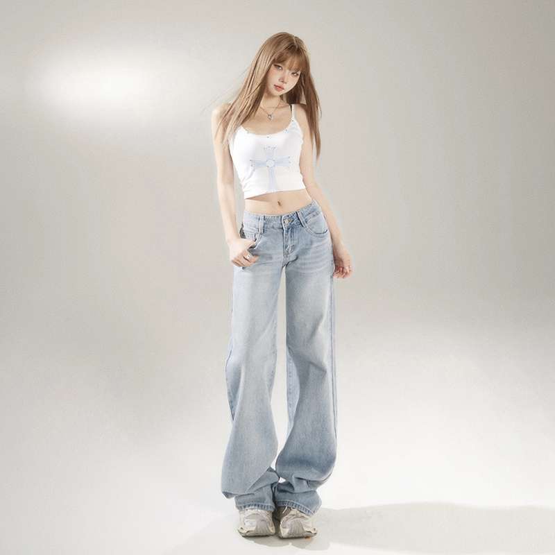 In-Stock American Retro Low-Waist Loose Wide-Leg Pants Versatile Spring/Summer Straight-Leg Jeans for Women Long Pants with Drop Shipping