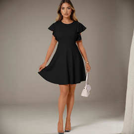 女式黑色连衣裙，夏季圆领短裙迷你裙，舒适弹性织物裙