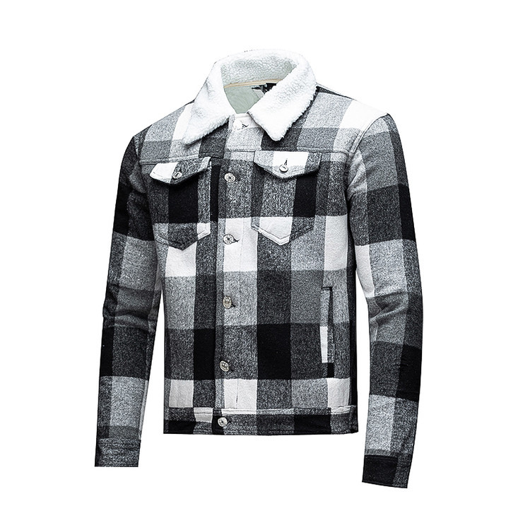 Tamaño transfronterizo de comercio exterior europeo y americano para hombres con color combinado y camisa de tela de terciopelo, abrigo de invierno, abrigo cálido, camisa de punto