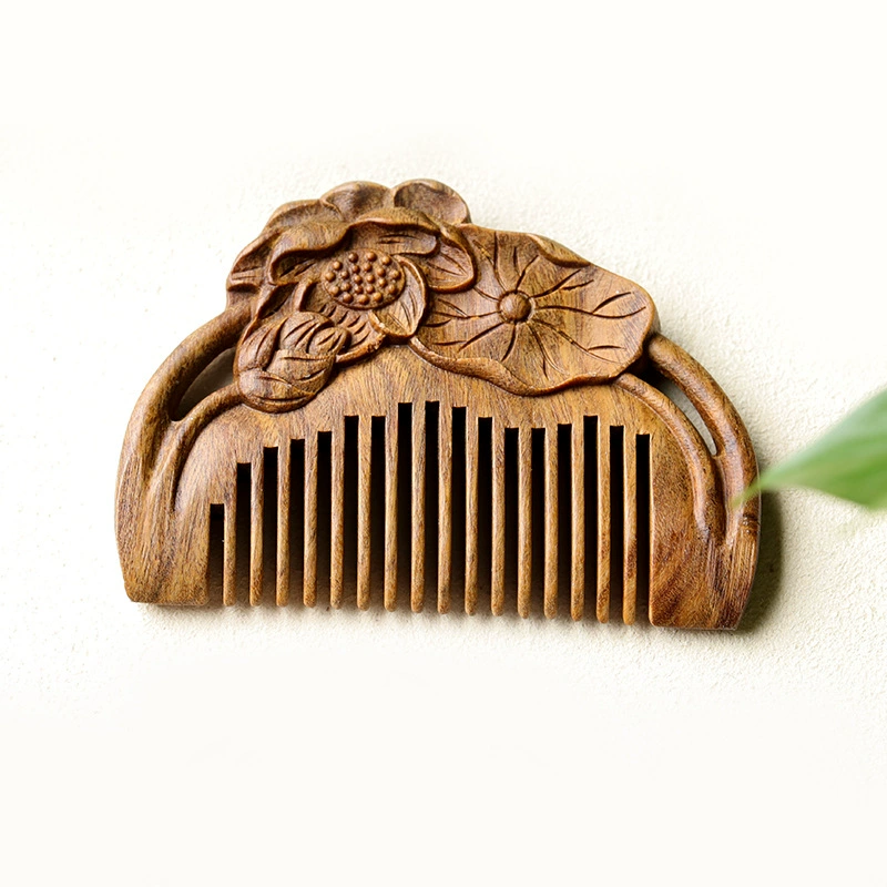 Handheld Carved Sandalwood Comb, Retro Lotus Design with Tassel, Small Gift, 50 g