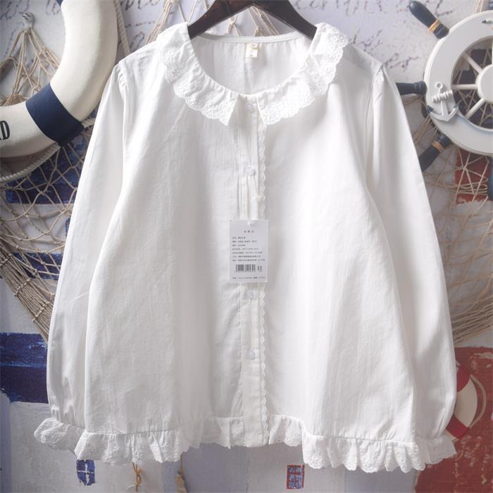 Spring 2025 Solid Color Doll Collar Small Fresh Cute Top White Niche Lace Shirt for Women