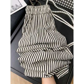 慵懒条纹阔腿裤女装裤子夏季新款高腰显瘦遛弯休闲直筒裤跨境批发