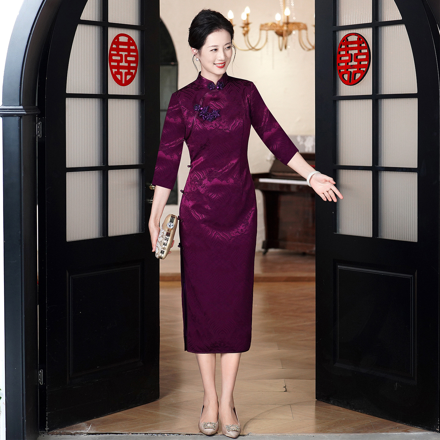 Acetate Jacquard Purple Mother-Of-The-Bride Wedding Banquet Qipao for Women, Chinese Style, Slim Fit, 2026 New Model, Mother-In-Law Formal Dress 0635