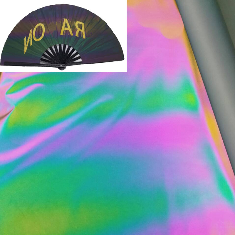 现货1.4米宽功夫扇竹扇七彩反光布服装用条彩幻彩反光化纤布面料