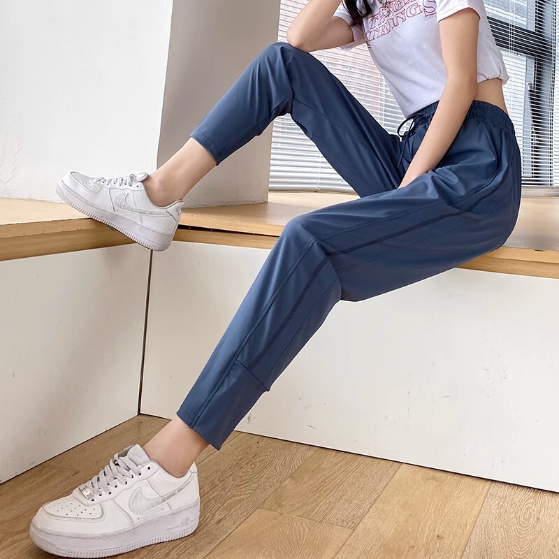 Quick-Drying Sports Pants for Women in Summer, Thin Casual Slimming Loose Leg-Tie Running Fitness Cool Ice Silk Pants