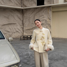 2025秋冬新款中式国风贴钻重工女秋冬季立领保暖毛呢外套