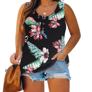 Amazon European and American Cross-Border Spring and Summer Women's Large Size Sleeveless Tank Flower Print Fake Button Casual Round Neck Vest