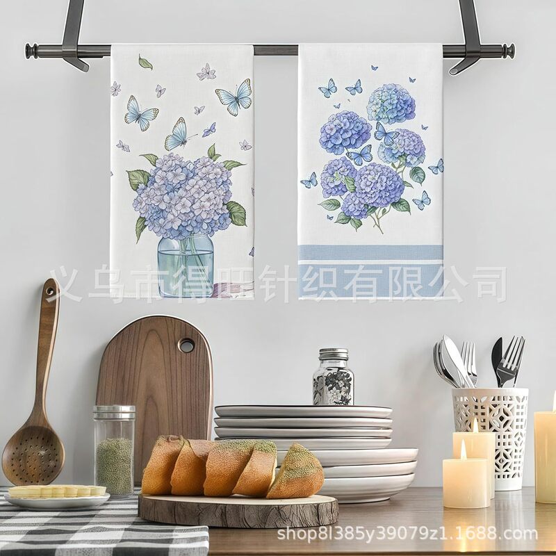 Cross-Border New Kitchen Towel 2-Piece Set Microfiber Absorbent Towel Dish Towel Daisy Plant Flower Print