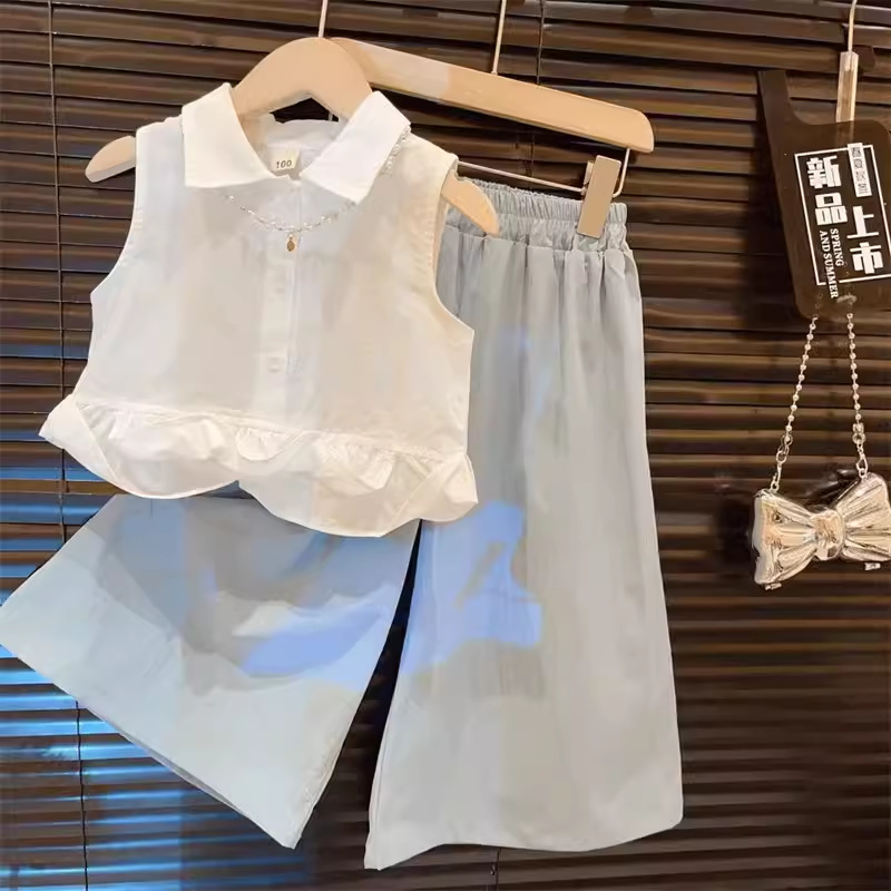 女童小飛袖套裝2024夏季新款洋氣設計感無袖純棉襯衫闊腿褲兩件套