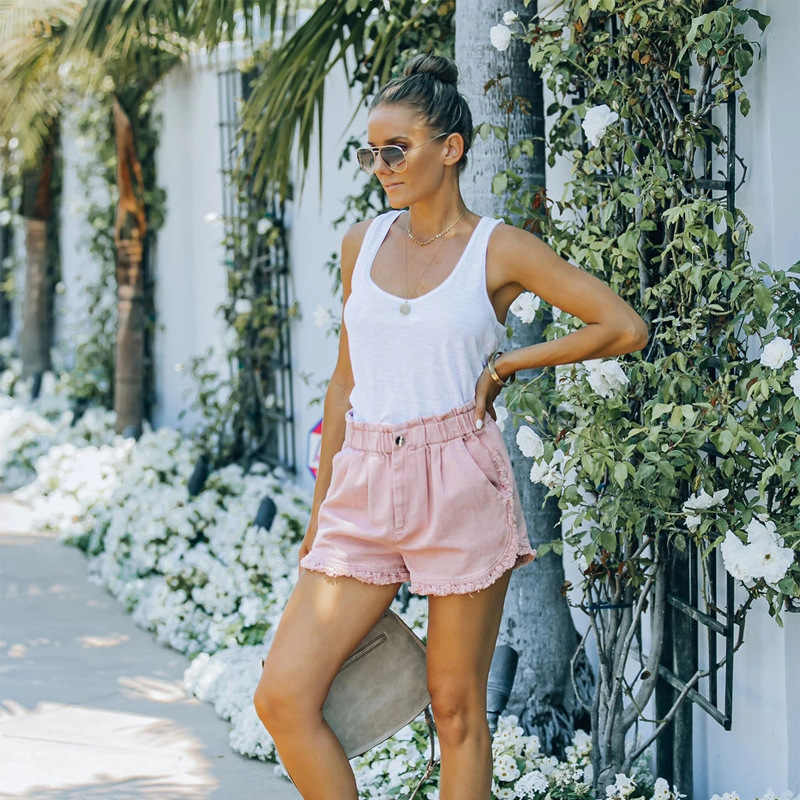 Fábrica en stock Ventas Directas europeo y americano transfronterizo dulce chica estilo elástico cintura luz diseño encaje pantalones cortos de mezclilla para mujeres