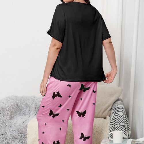 Summer thin sleepwear set for women, short sleeve long pants, summer round neck home clothes set, suitable for export and wholesale, can be worn outside
